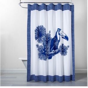 NWT OPAL HOUSE toucan jungle tropical bird fabric shower curtain blue & white